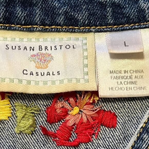 VTG SUSAN BRISTOL Floral Embroidered Denim Vest Bohemian Festival SZ L - Picture 10 of 13